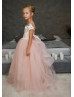 Peach Pearl Beaded 3D Flowers Tulle Flower Girl Dress With Train